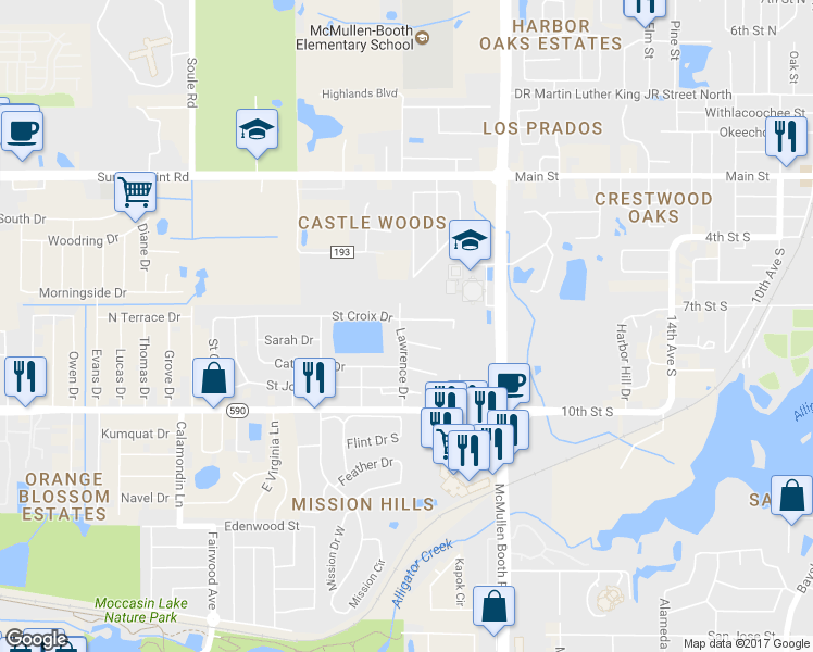 map of restaurants, bars, coffee shops, grocery stores, and more near 3001 Saint Croix Drive in Clearwater
