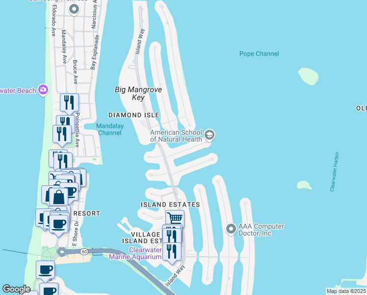 map of restaurants, bars, coffee shops, grocery stores, and more near 360 Palm Island Northeast in Clearwater