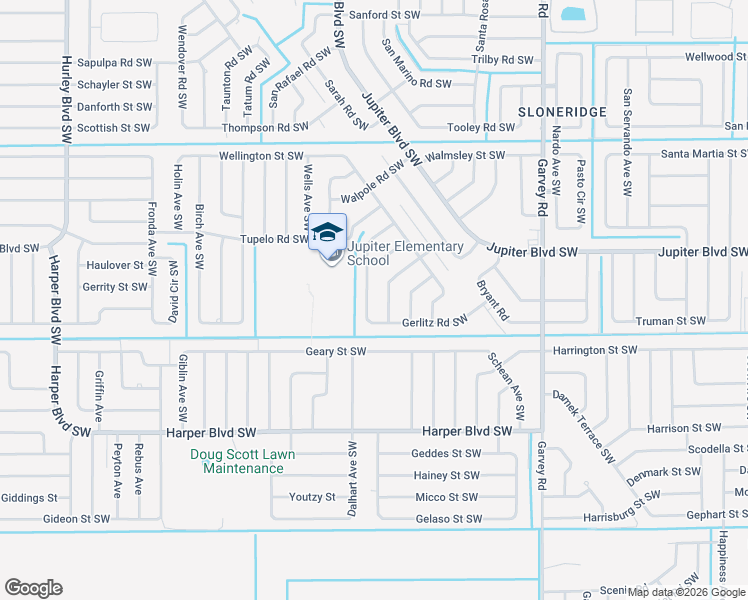 map of restaurants, bars, coffee shops, grocery stores, and more near 601 Wildmer Rd SW in Palm Bay