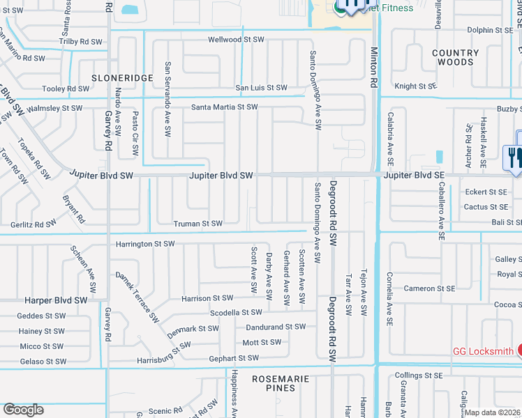 map of restaurants, bars, coffee shops, grocery stores, and more near 577 Treemont Avenue in Palm Bay