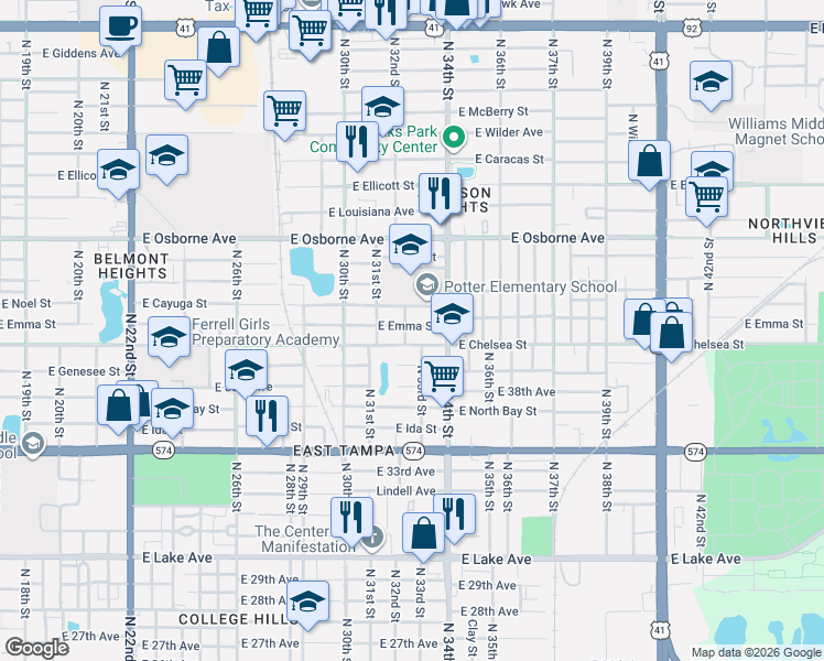map of restaurants, bars, coffee shops, grocery stores, and more near 3207 East Emma Street in Tampa