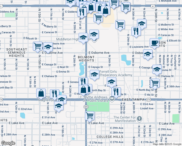 map of restaurants, bars, coffee shops, grocery stores, and more near 2209 East Emma Street in Tampa