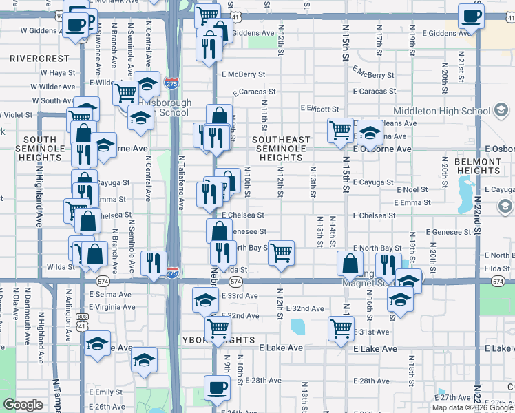 map of restaurants, bars, coffee shops, grocery stores, and more near 4405 North 10th Street in Tampa