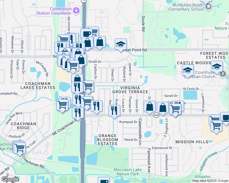 map of restaurants, bars, coffee shops, grocery stores, and more near 1752-1756 Evans Drive in Clearwater
