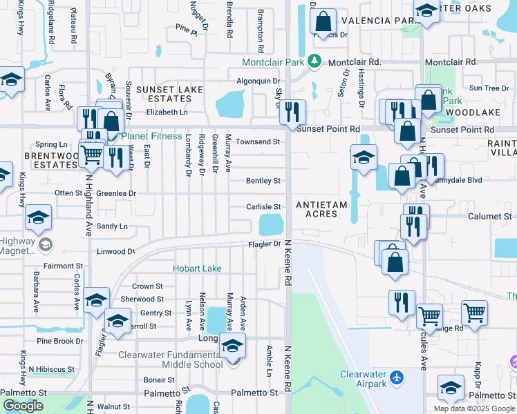 map of restaurants, bars, coffee shops, grocery stores, and more near 1729 Carlisle Street in Clearwater