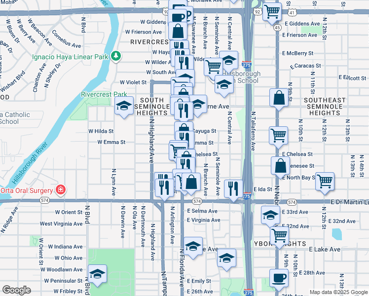 map of restaurants, bars, coffee shops, grocery stores, and more near 4404 North Florida Avenue in Tampa