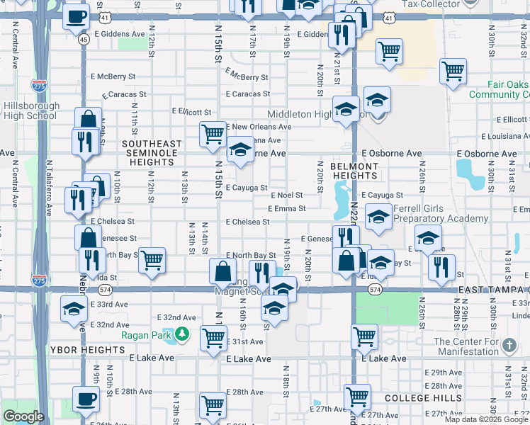 map of restaurants, bars, coffee shops, grocery stores, and more near 1707 East Emma Street in Tampa