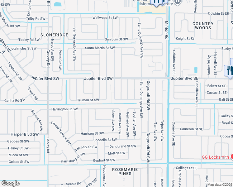 map of restaurants, bars, coffee shops, grocery stores, and more near 577 Treemont Avenue in Palm Bay