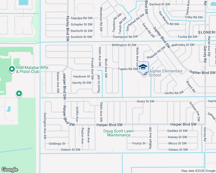 map of restaurants, bars, coffee shops, grocery stores, and more near 575 Birch Avenue Southwest in Palm Bay