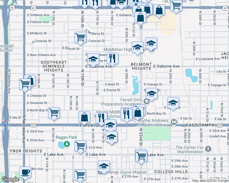 map of restaurants, bars, coffee shops, grocery stores, and more near 1903 East Emma Street in Tampa