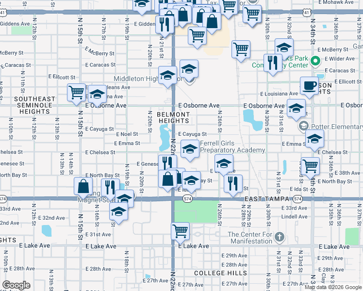 map of restaurants, bars, coffee shops, grocery stores, and more near 2209 East Emma Street in Tampa