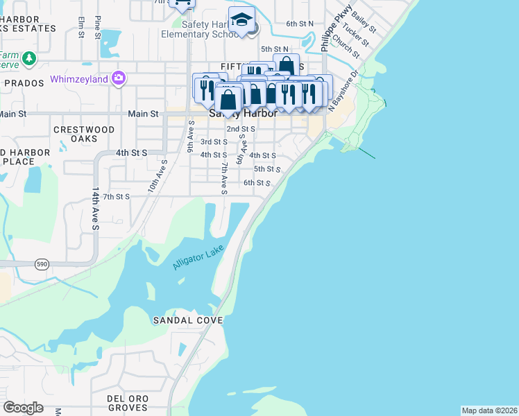 map of restaurants, bars, coffee shops, grocery stores, and more near 705 Bayshore Boulevard in Safety Harbor