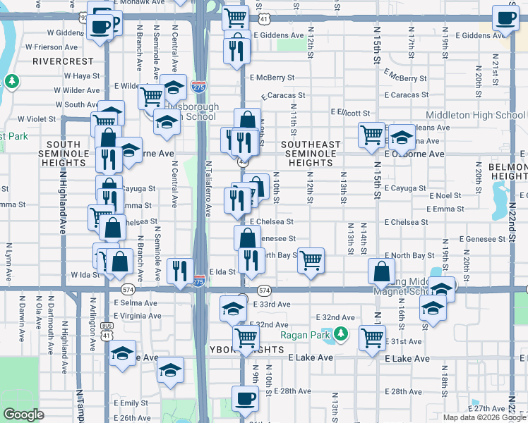 map of restaurants, bars, coffee shops, grocery stores, and more near 913 East Emma Street in Tampa