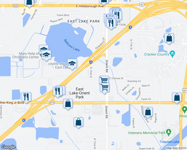 map of restaurants, bars, coffee shops, grocery stores, and more near 7203 East Emma Street in Tampa