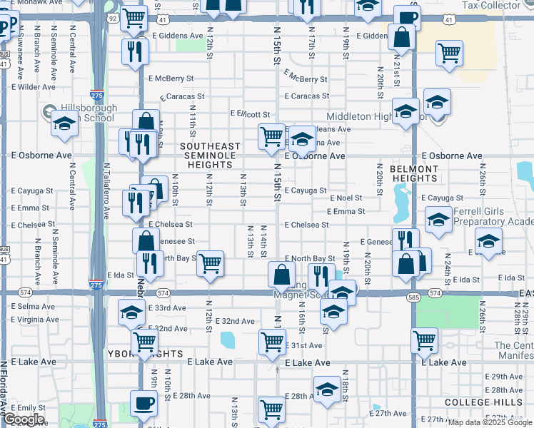 map of restaurants, bars, coffee shops, grocery stores, and more near 1410 East Chelsea Street in Tampa