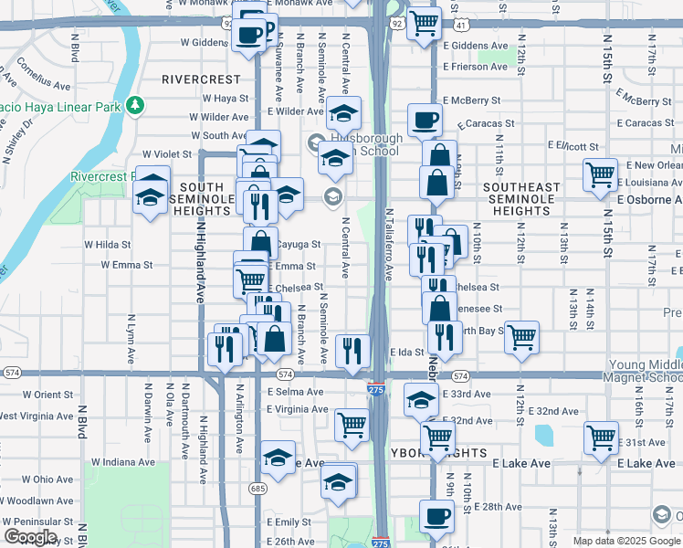 map of restaurants, bars, coffee shops, grocery stores, and more near 4203 North Central Avenue in Tampa