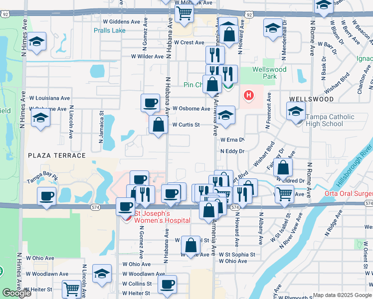 map of restaurants, bars, coffee shops, grocery stores, and more near 4540 North Armenia Avenue in Tampa