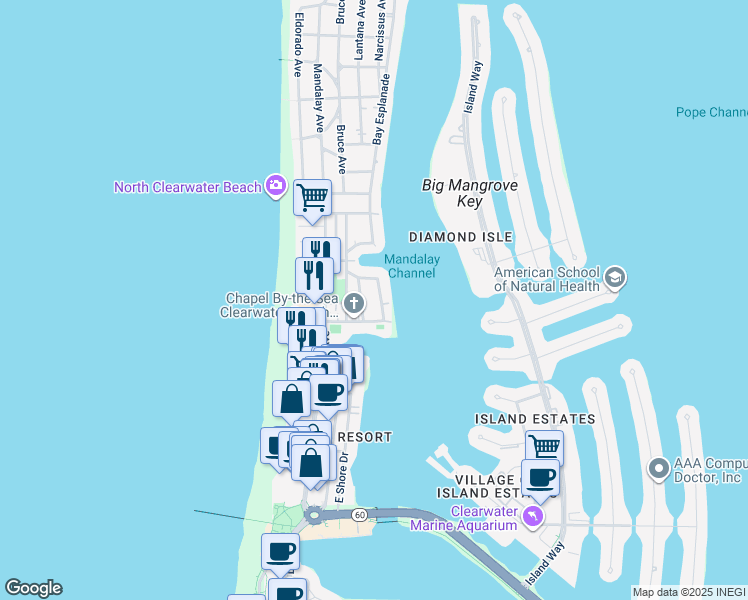 map of restaurants, bars, coffee shops, grocery stores, and more near 64 Bay Esplanade in Clearwater