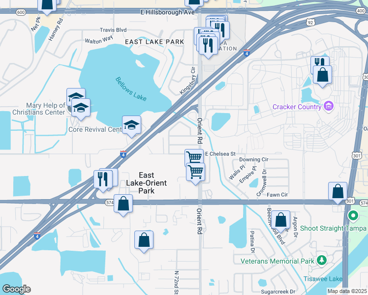 map of restaurants, bars, coffee shops, grocery stores, and more near 7213 East Emma Street in Tampa