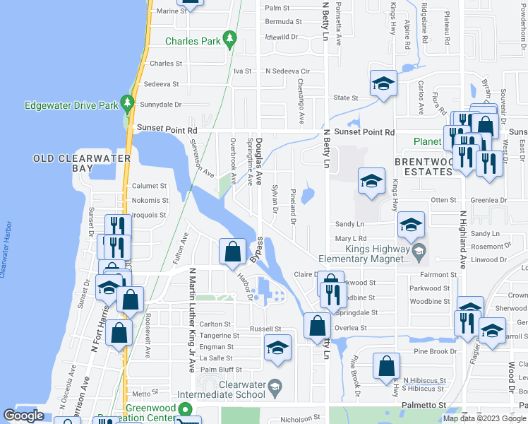 map of restaurants, bars, coffee shops, grocery stores, and more near 1779 Douglas Avenue in Clearwater