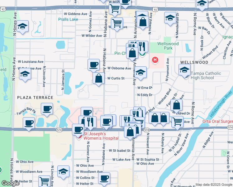map of restaurants, bars, coffee shops, grocery stores, and more near 4540 North Armenia Avenue in Tampa