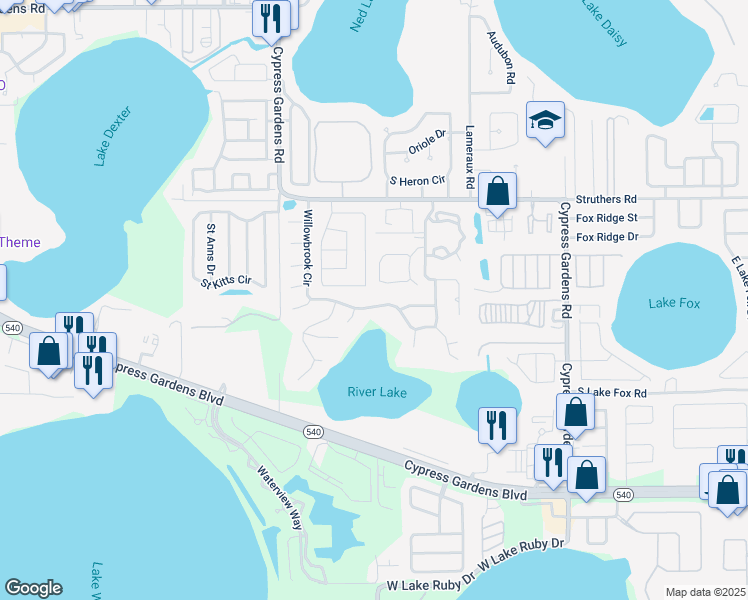 map of restaurants, bars, coffee shops, grocery stores, and more near 4906 Willowbrook Circle in Winter Haven