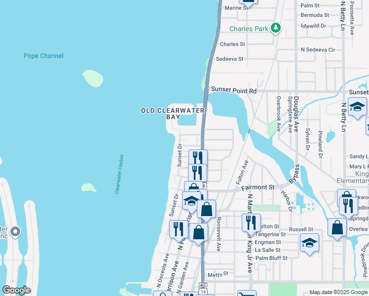 map of restaurants, bars, coffee shops, grocery stores, and more near 401 Lebeau Street in Clearwater