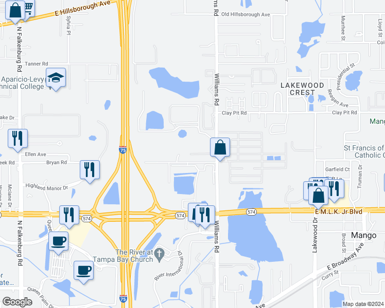 map of restaurants, bars, coffee shops, grocery stores, and more near 10809 Leanne Drive in Tampa