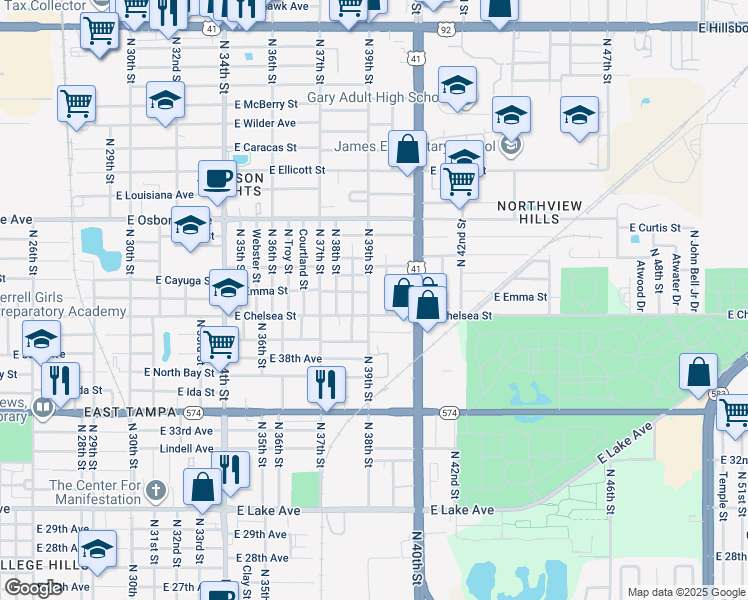 map of restaurants, bars, coffee shops, grocery stores, and more near 4407 North 39th Street in Tampa