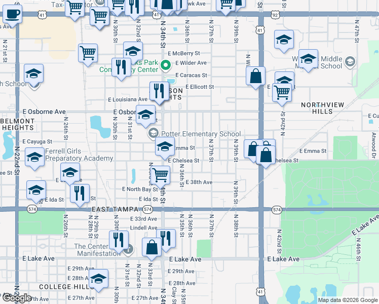 map of restaurants, bars, coffee shops, grocery stores, and more near 4406 North 36th Street in Tampa