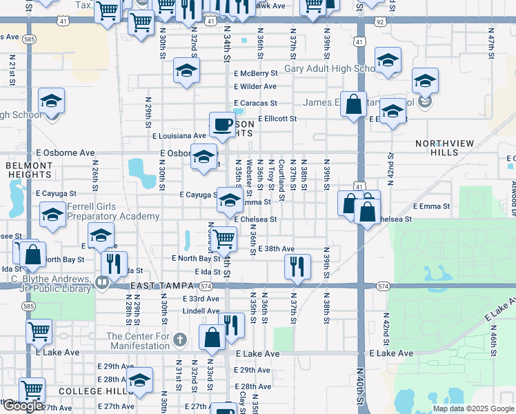 map of restaurants, bars, coffee shops, grocery stores, and more near 4410 North 36th Street in Tampa