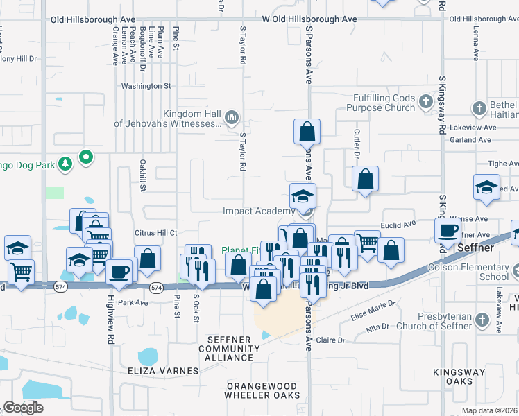 map of restaurants, bars, coffee shops, grocery stores, and more near 1212 South Taylor Road in Seffner