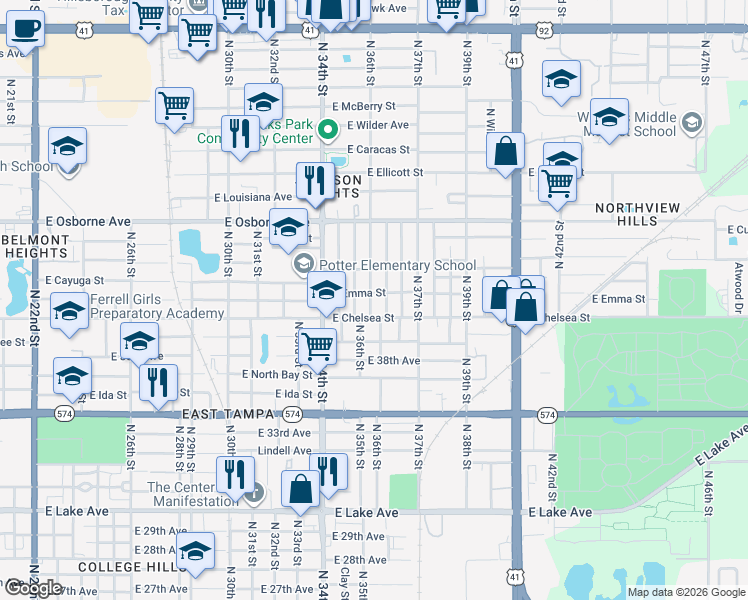 map of restaurants, bars, coffee shops, grocery stores, and more near 4406 North 36th Street in Tampa