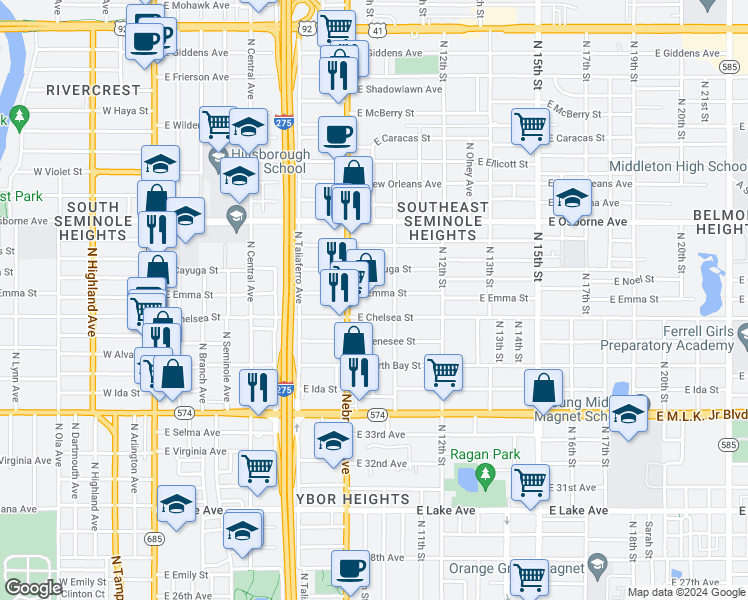 map of restaurants, bars, coffee shops, grocery stores, and more near 4407 Florida 45 in Tampa