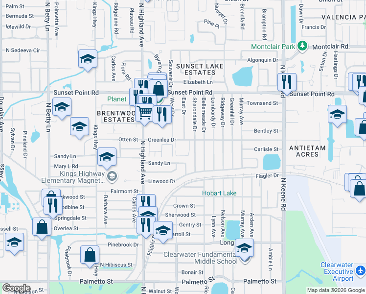 map of restaurants, bars, coffee shops, grocery stores, and more near 1585 Greenlea Drive in Clearwater
