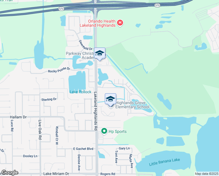 map of restaurants, bars, coffee shops, grocery stores, and more near Lakeland Highlands Boulevard in Lakeland