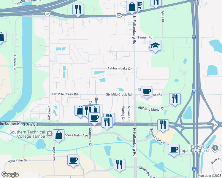 map of restaurants, bars, coffee shops, grocery stores, and more near 9812 6 Mile Creek Road in Tampa