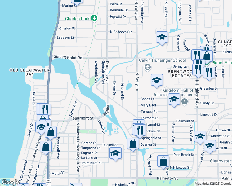 map of restaurants, bars, coffee shops, grocery stores, and more near 1791 Sylvan Drive in Clearwater