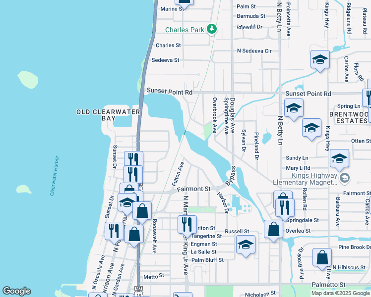 map of restaurants, bars, coffee shops, grocery stores, and more near 1797 Harbor Drive in Clearwater
