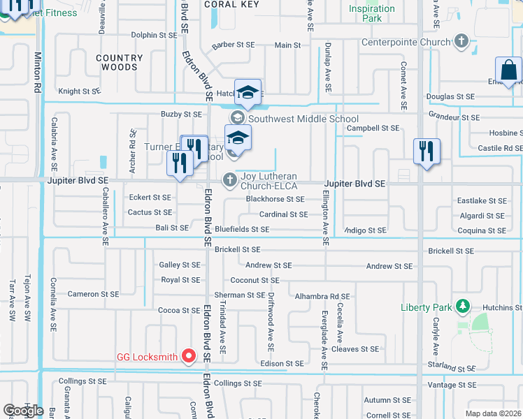 map of restaurants, bars, coffee shops, grocery stores, and more near 541 Cardinal Street Southeast in Palm Bay
