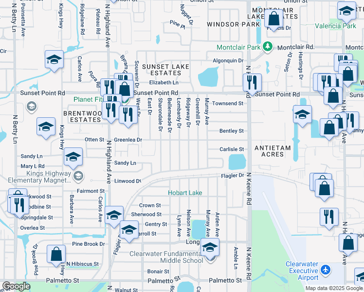 map of restaurants, bars, coffee shops, grocery stores, and more near 1753 Lombardy Drive in Clearwater
