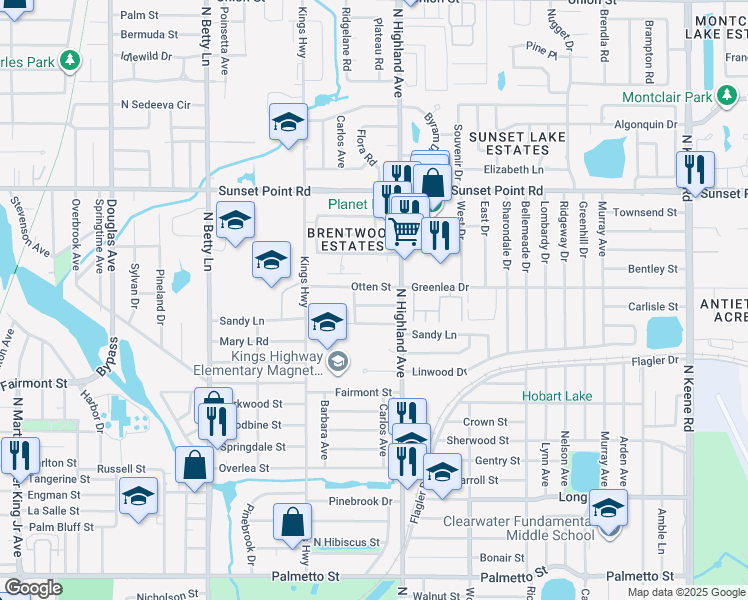 map of restaurants, bars, coffee shops, grocery stores, and more near 1487 Carolyn Lane in Clearwater