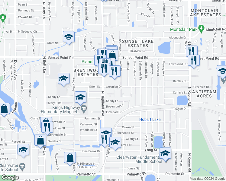 map of restaurants, bars, coffee shops, grocery stores, and more near 1799 North Highland Avenue in Clearwater