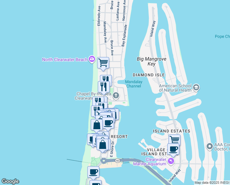 map of restaurants, bars, coffee shops, grocery stores, and more near 605 Poinsettia Avenue in Clearwater