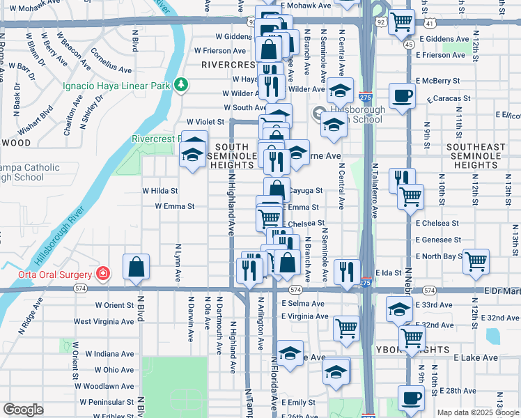map of restaurants, bars, coffee shops, grocery stores, and more near 117 West Chelsea Street in Tampa