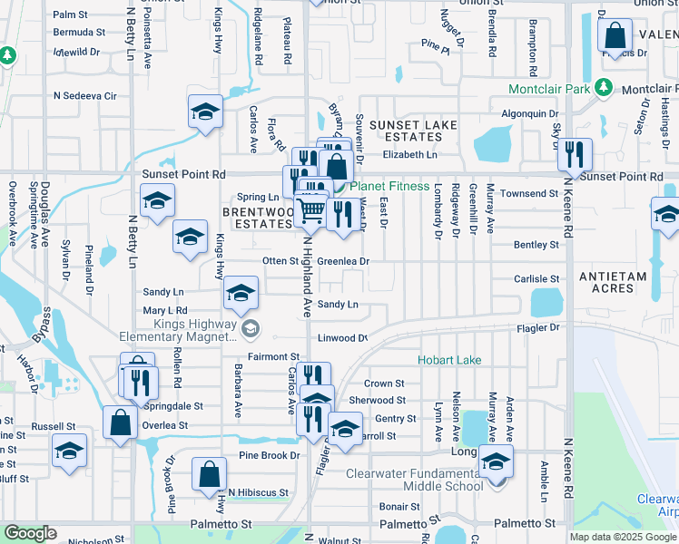 map of restaurants, bars, coffee shops, grocery stores, and more near 1799 North Highland Avenue in Clearwater