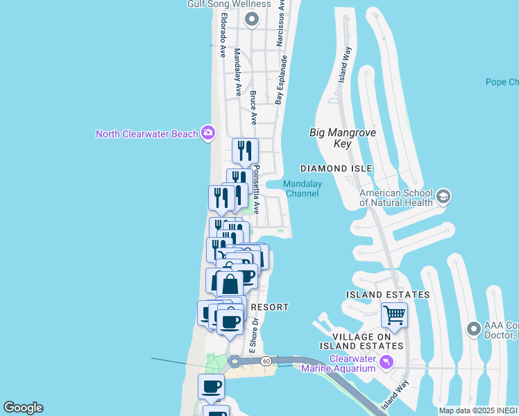 map of restaurants, bars, coffee shops, grocery stores, and more near 605 Poinsettia Avenue in Clearwater