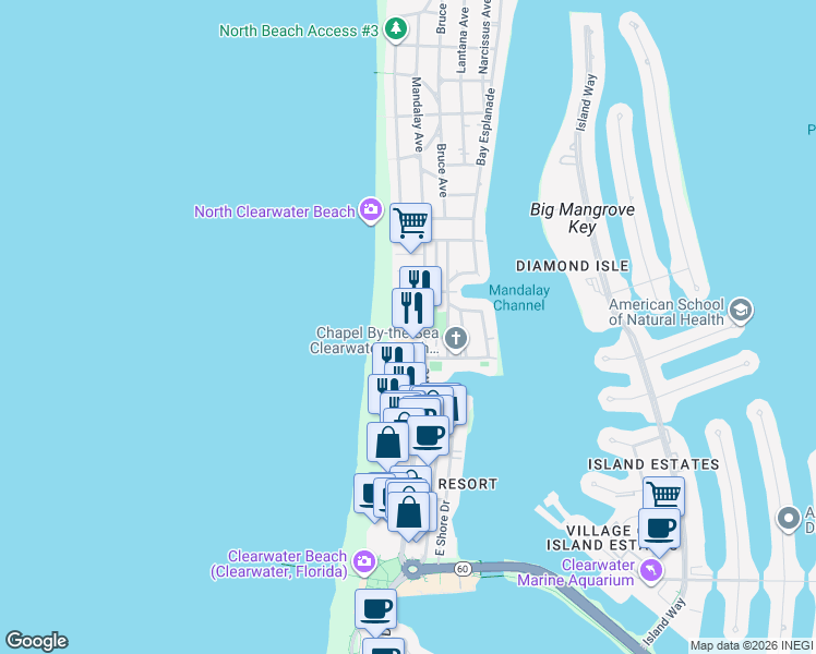 map of restaurants, bars, coffee shops, grocery stores, and more near 28 Kendall Street in Clearwater