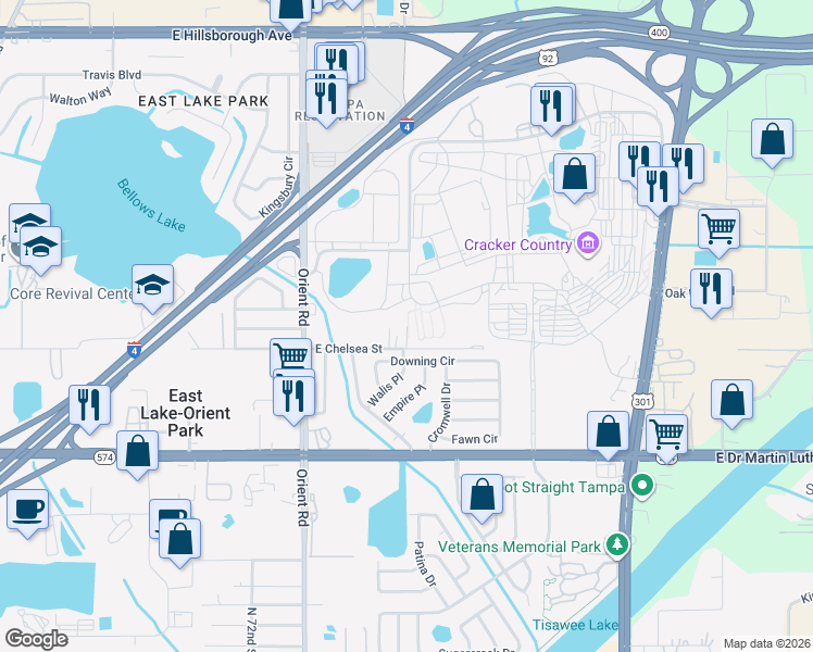 map of restaurants, bars, coffee shops, grocery stores, and more near 4445 North 77th Street in Tampa