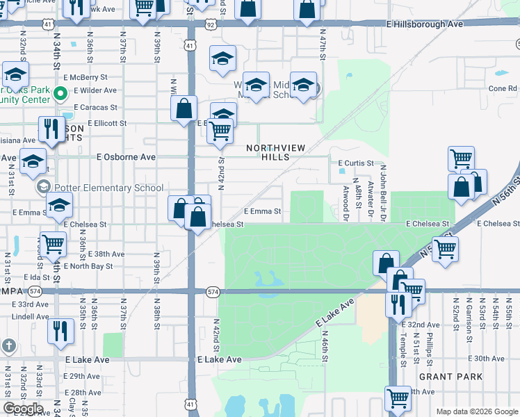 map of restaurants, bars, coffee shops, grocery stores, and more near 4226 East Emma Street in Tampa